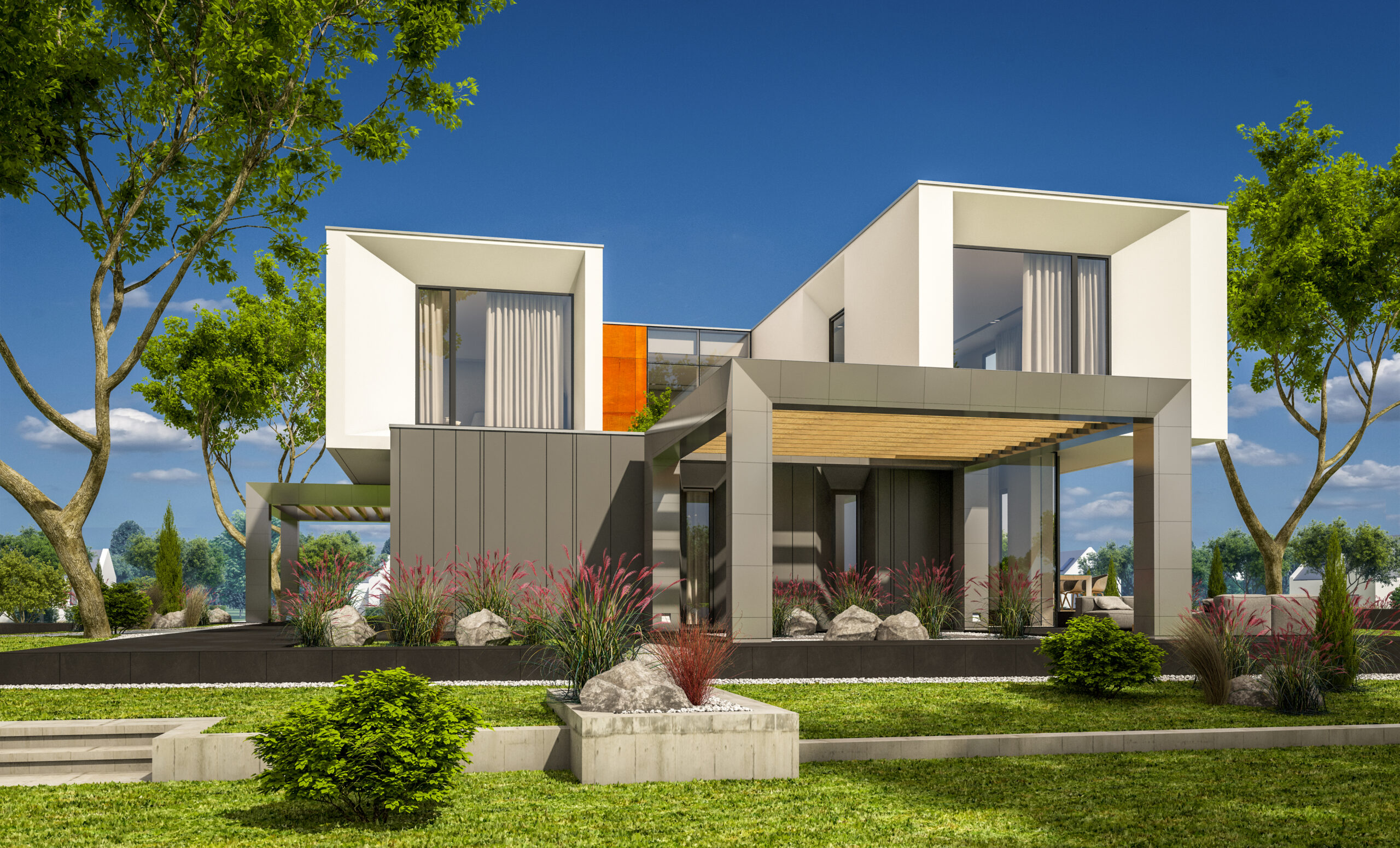 3d,Rendering,Of,Modern,Cozy,House,In,The,Garden,With