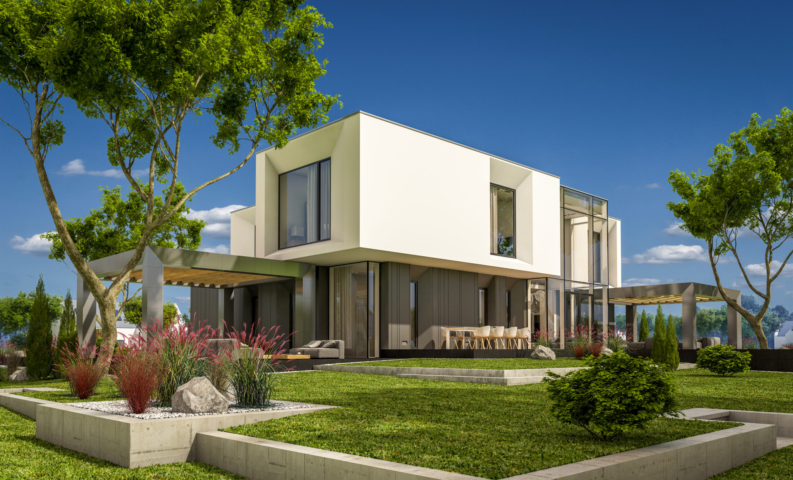 3d,Rendering,Of,Modern,Cozy,House,In,The,Garden,With